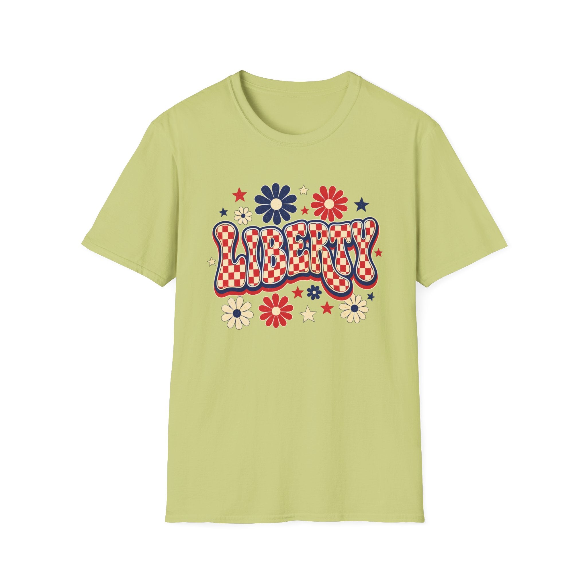 Liberty Retro USA Tee, Vintage Red White Blue Shirt, Patriotic Floral Graphic Top, Fourth of July Celebration Outfit Unisex Softstyle T-Shirt