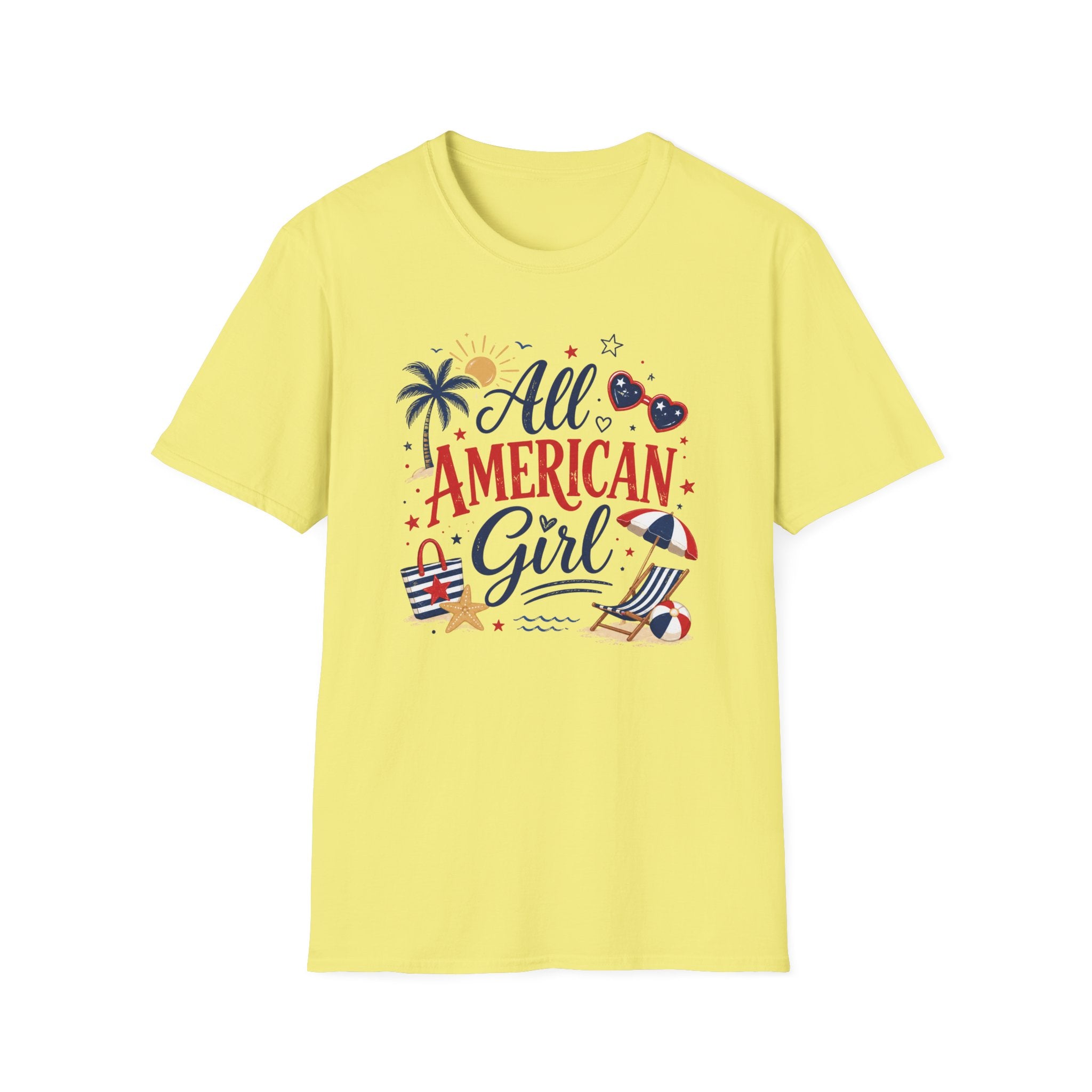 All American Girl Graphic Tee - Patriotic 4th of July Summer Beach T-Shirt