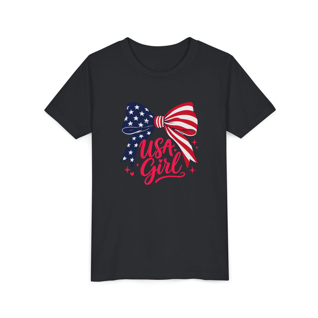 USA Girl Bow Tee, Patriotic Red White Blue Shirt, Cute American Pride Graphic Top, Fourth of July Celebration Outfit Youth Short Sleeve Tee