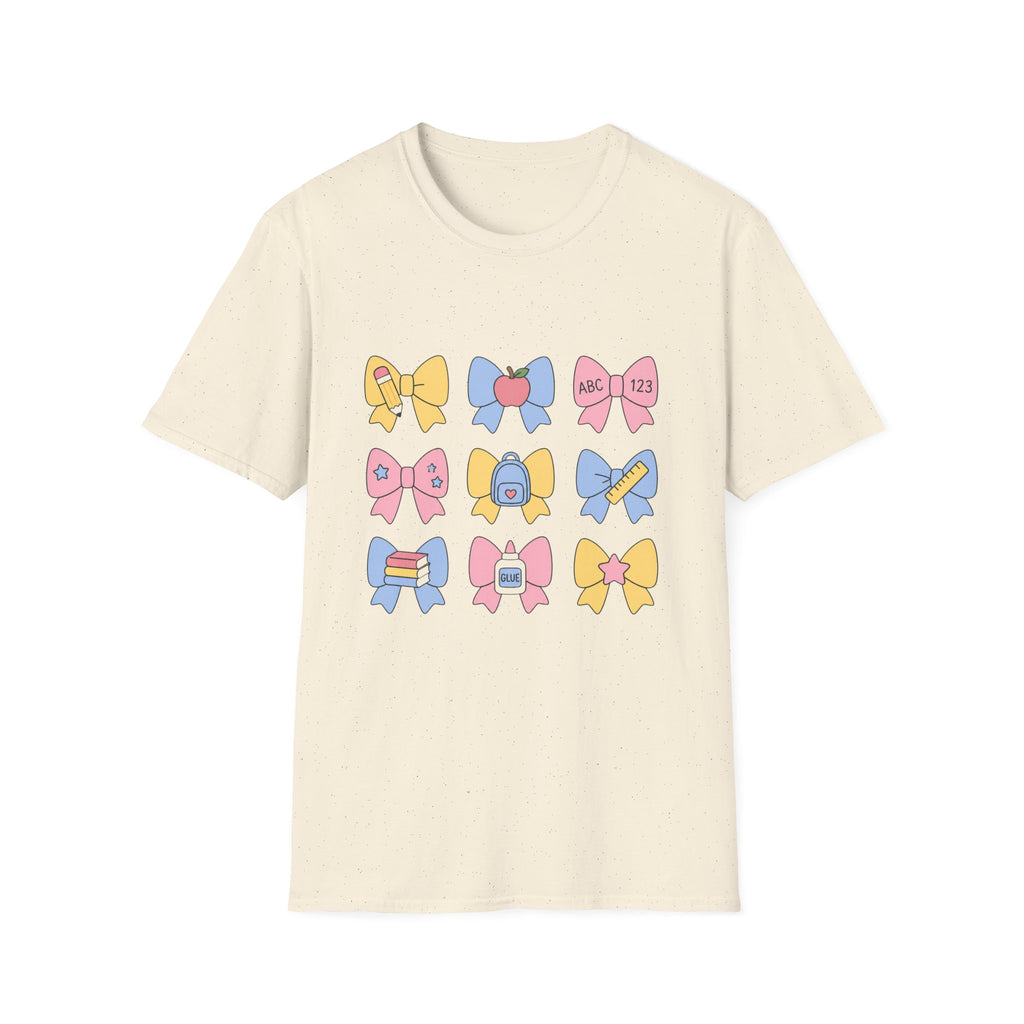 Cute Back-to-School Bow T-Shirt — Pastel School Supplies Graphic Tee