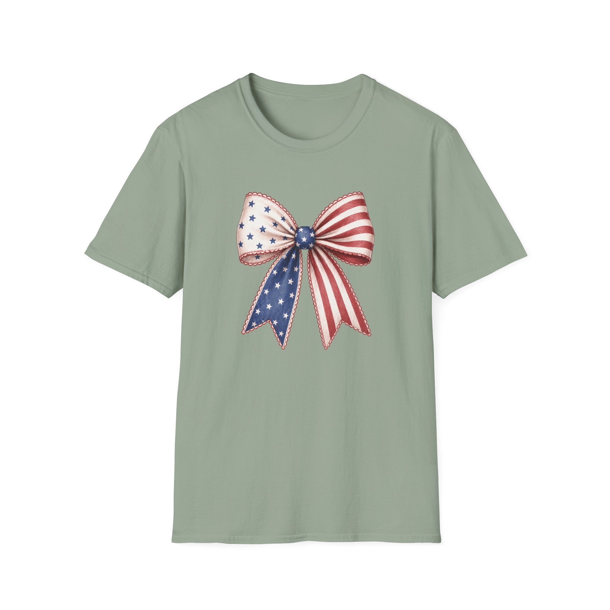 Patriotic American Flag Bow Tee, USA Pride Graphic Shirt, Fourth of July Outfit, Cute Red White Blue Bow Top