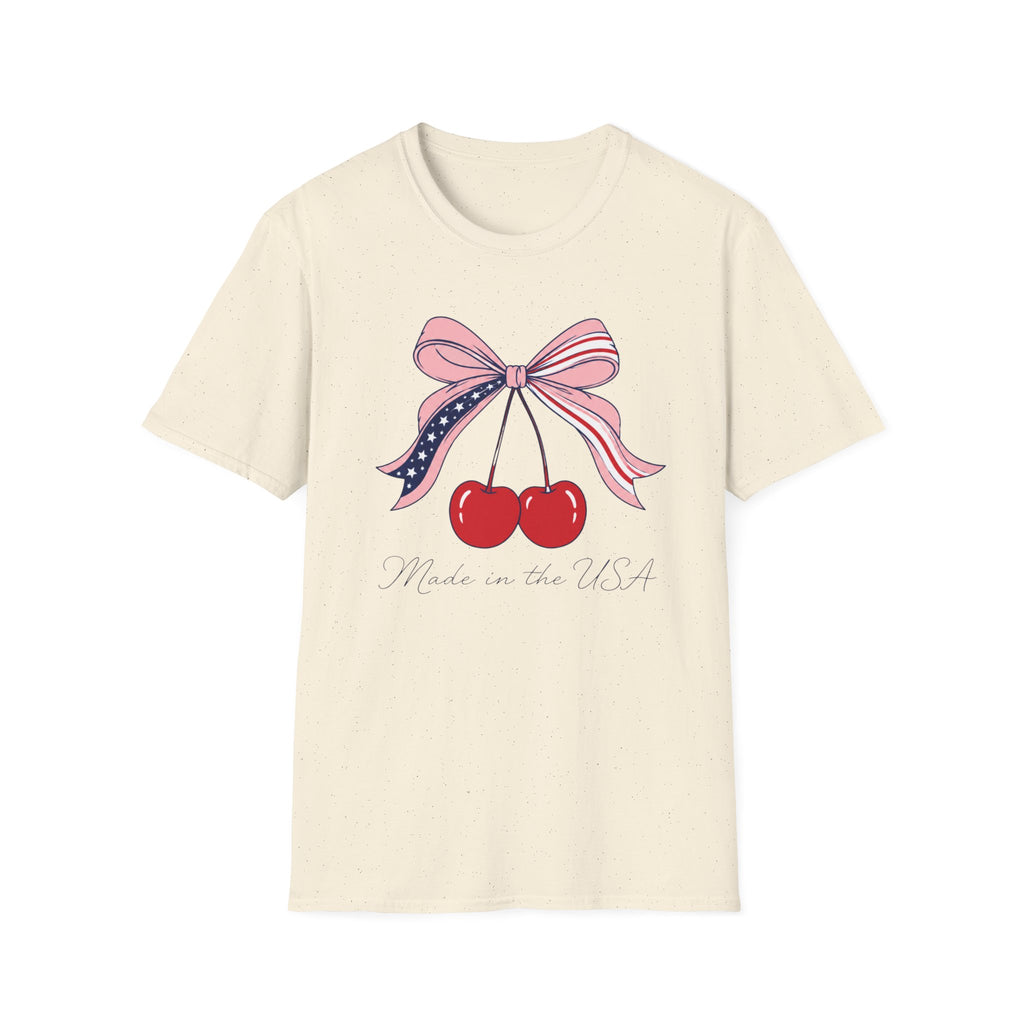 Made in the USA Cherry Tee, Patriotic Red White Blue Shirt, Cute Bow Fruit Graphic Top, Fourth of July Summer Outfit Unisex Softstyle T-Shirt