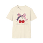 Made in the USA Cherry Tee, Patriotic Red White Blue Shirt, Cute Bow Fruit Graphic Top, Fourth of July Summer Outfit Unisex Softstyle T-Shirt