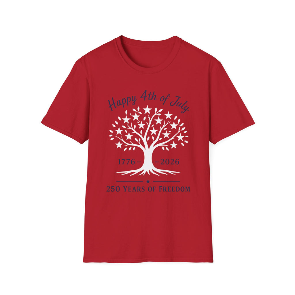 Happy 4th Of July 250 Years T-Shirt | Semiquincentennial Patriotic Star Tree Graphic Tee, 1776 2026 Freedom Top