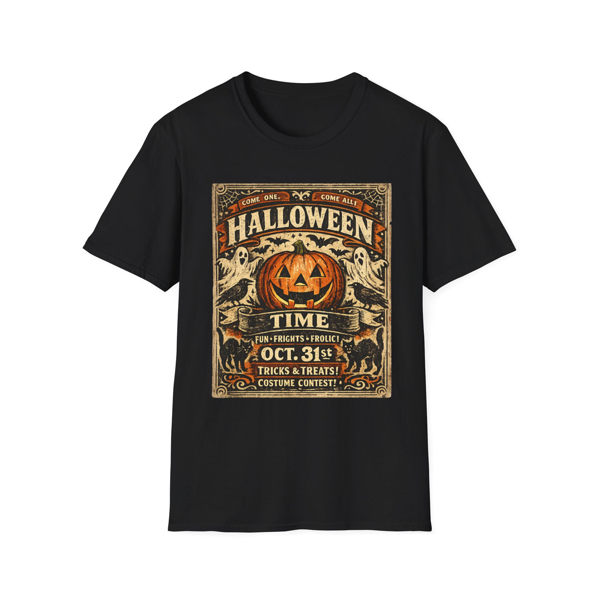 Vintage Halloween Pumpkin T-Shirt — "Halloween Time" Retro Poster Tee