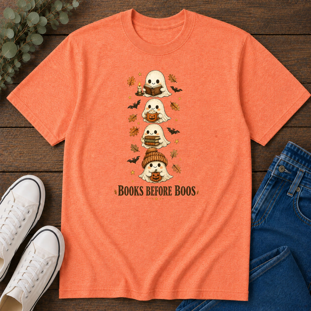Ghost Stack T‑Shirt — "Books Before Boos" Cute Halloween Reading Tee