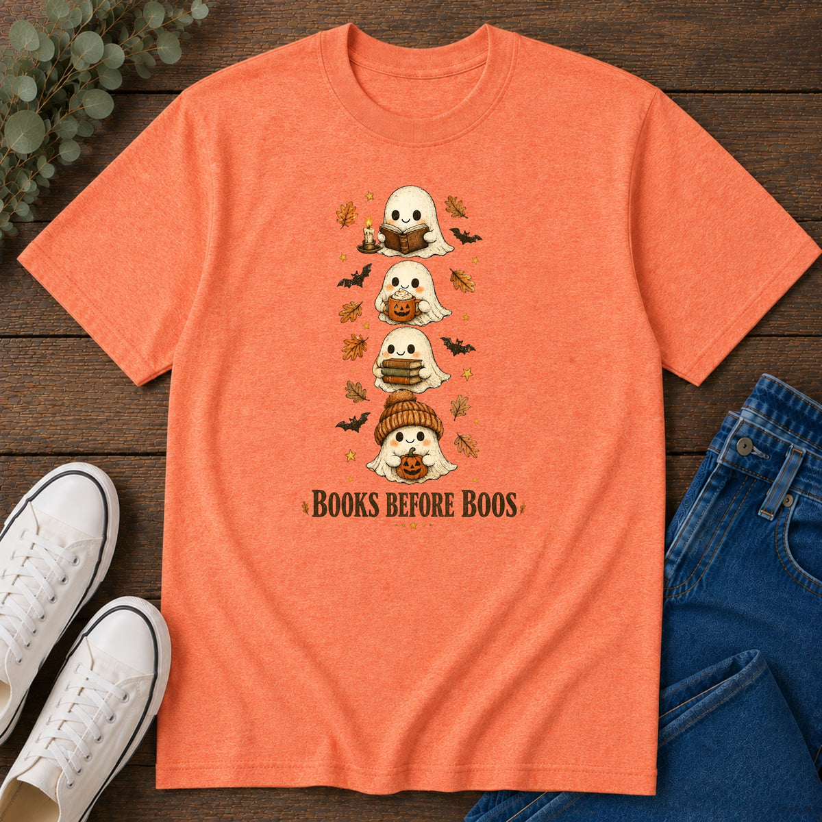 Ghost Stack T‑Shirt — "Books Before Boos" Cute Halloween Reading Tee