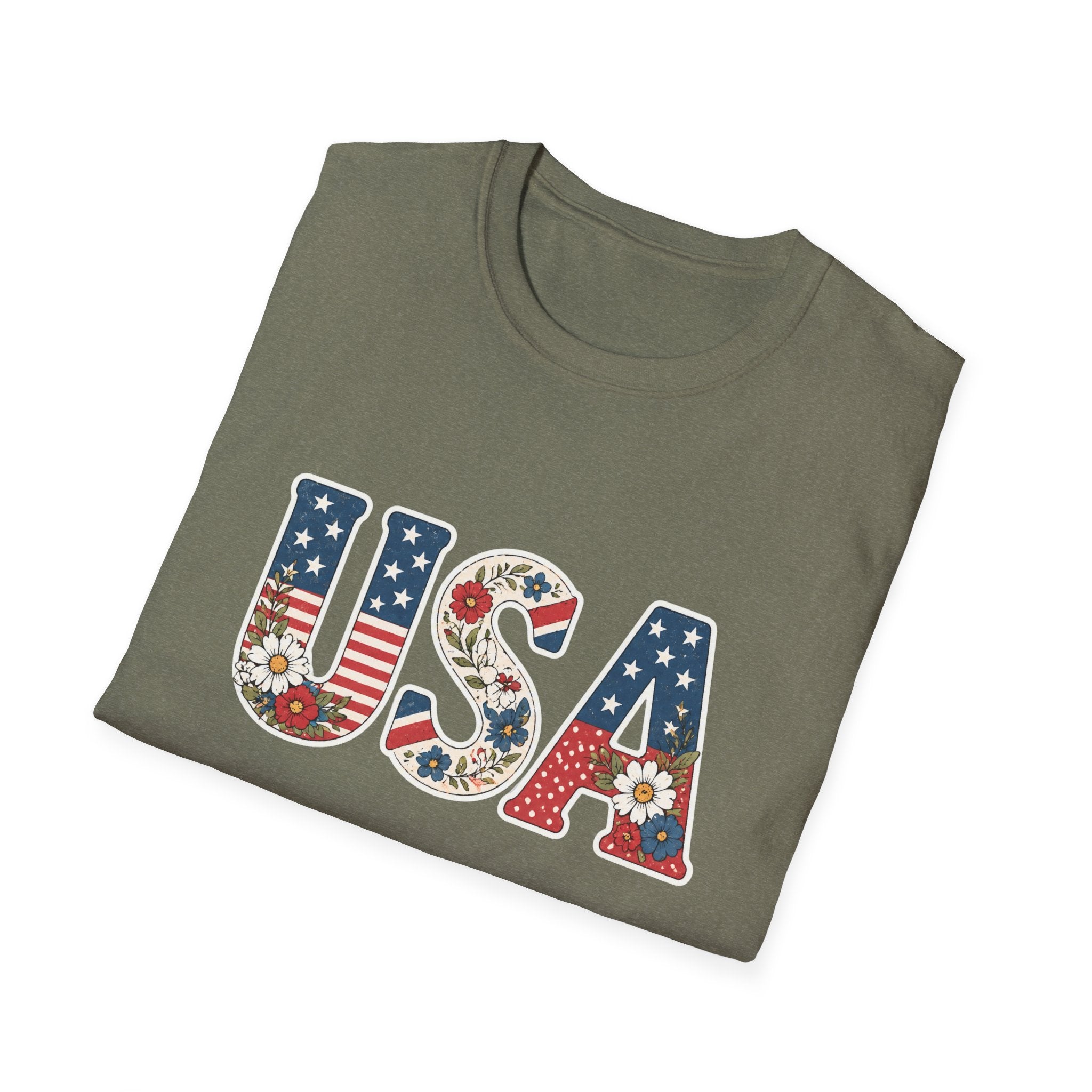 Floral USA T-Shirt, Cottagecore Patriotic Flower Letter Tee, 4th of July Wildflower America Shirt, Stars Stripes Daisy Poppy Gift, Vintage Botanical