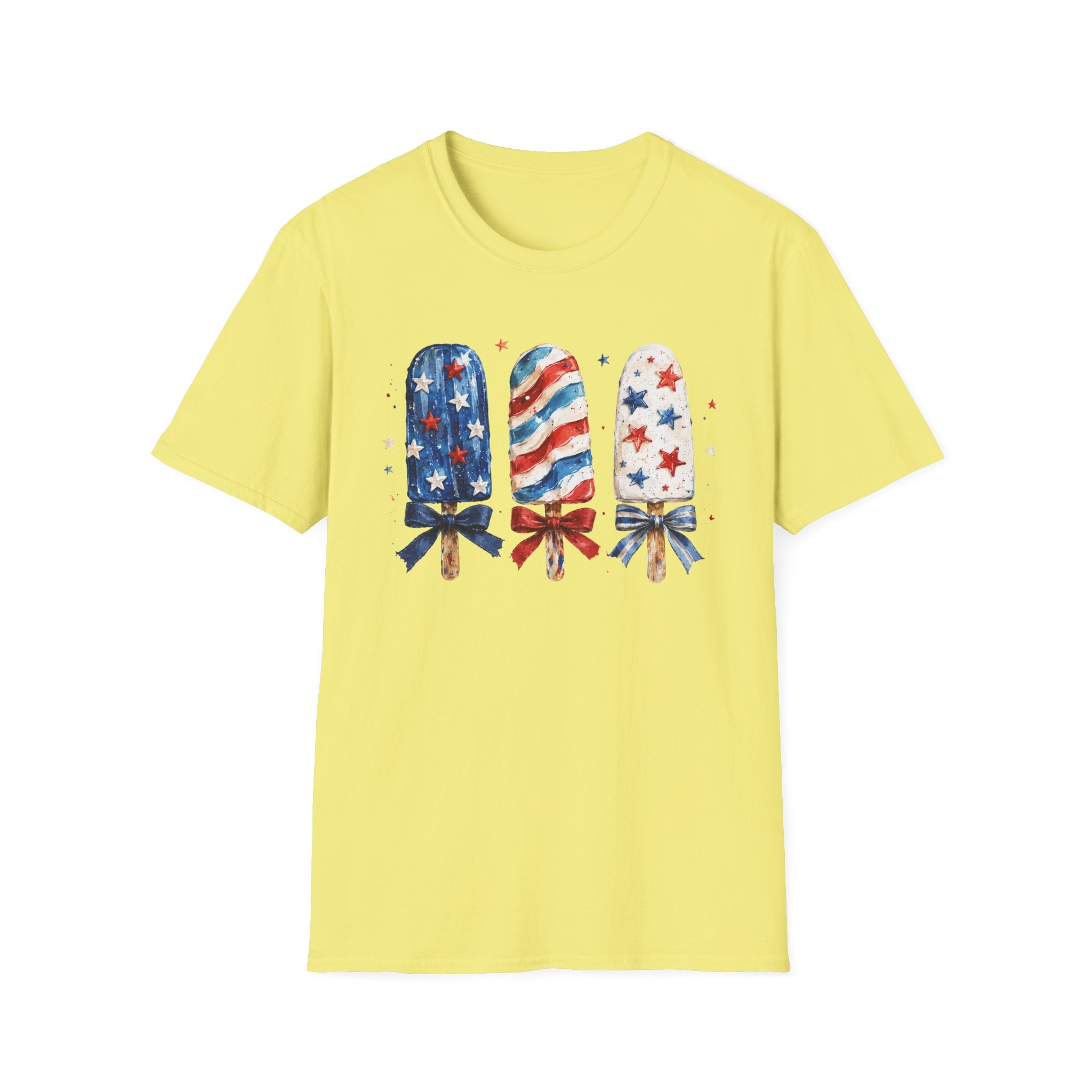 Patriotic Popsicle T-Shirt, Watercolor 4th of July Ice Cream Bow Tee, Cute Summer America Popsicle Shirt, Stars Stripes Coquette Bow Treat Gift Women