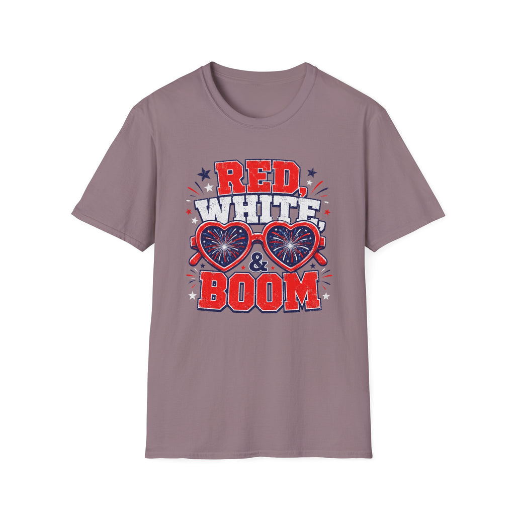 Red White Boom Sunglasses Shirt, Funny Patriotic Heart Glasses Firework Tee, 4th of July Pun Party T-Shirt, Retro Boom America Celebration Gift