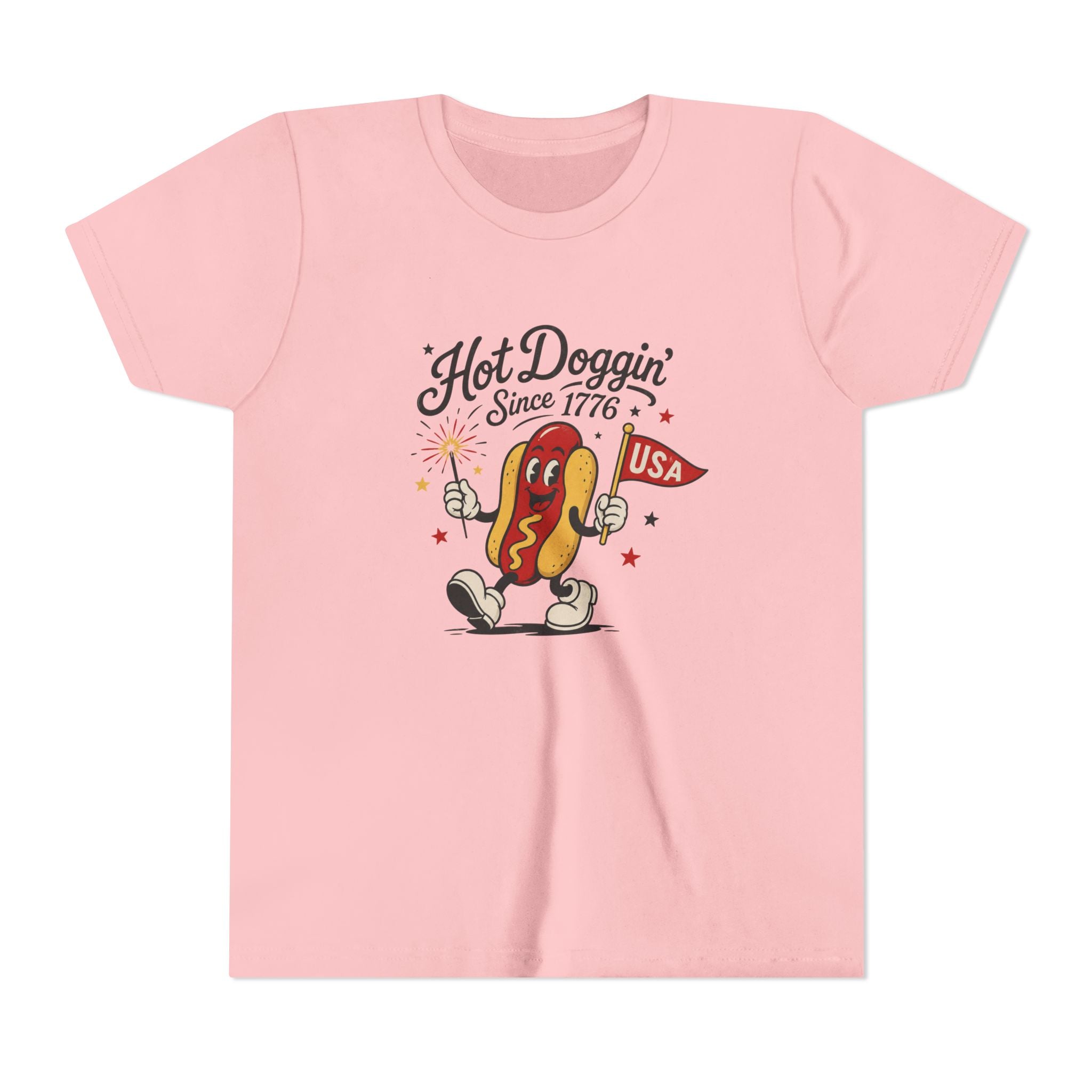 Hot Doggin Since 1776 Tee, Patriotic USA Hot Dog Shirt, Funny Summer Cartoon Graphic Top, Fourth of July Celebration Outfit Youth Short Sleeve Tee