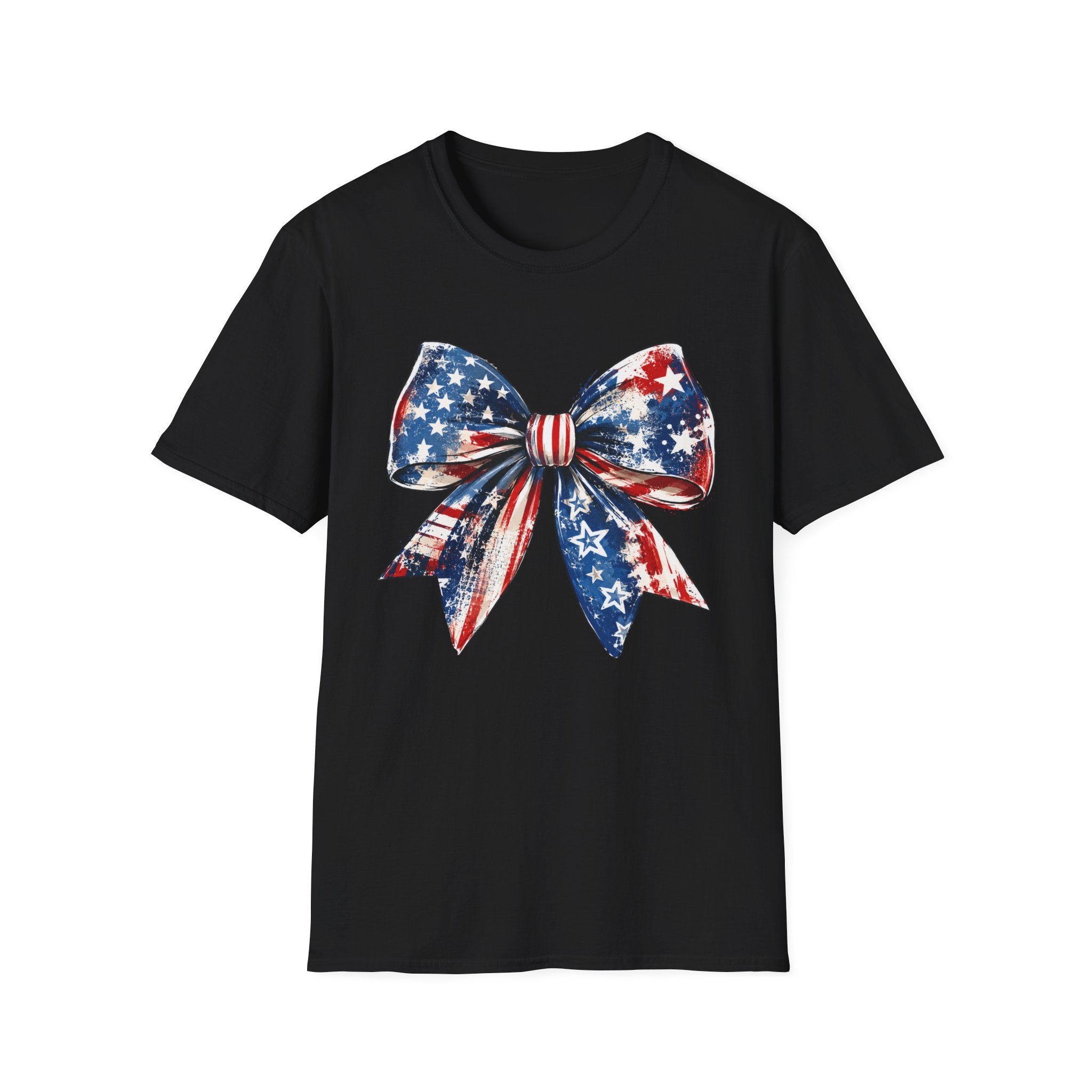 Distressed Watercolor Patriotic Bow T-Shirt, Vintage Grunge American Flag Bow Tee, Worn Texture Coquette 4th of July Shirt, Brushstroke Stars Stripes Bow Gift