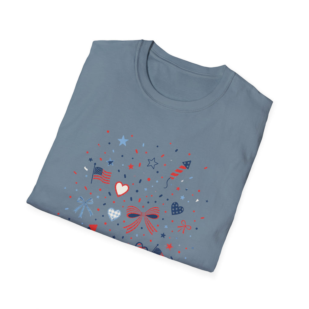 Patriotic Doodle Collage T-Shirt, Cute 4th of July Bow Heart Flag Confetti Tee, Whimsical Festive America Shirt, Coquette Patriotic Icon Scatter Gift