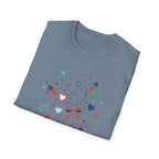 Patriotic Doodle Collage T-Shirt, Cute 4th of July Bow Heart Flag Confetti Tee, Whimsical Festive America Shirt, Coquette Patriotic Icon Scatter Gift