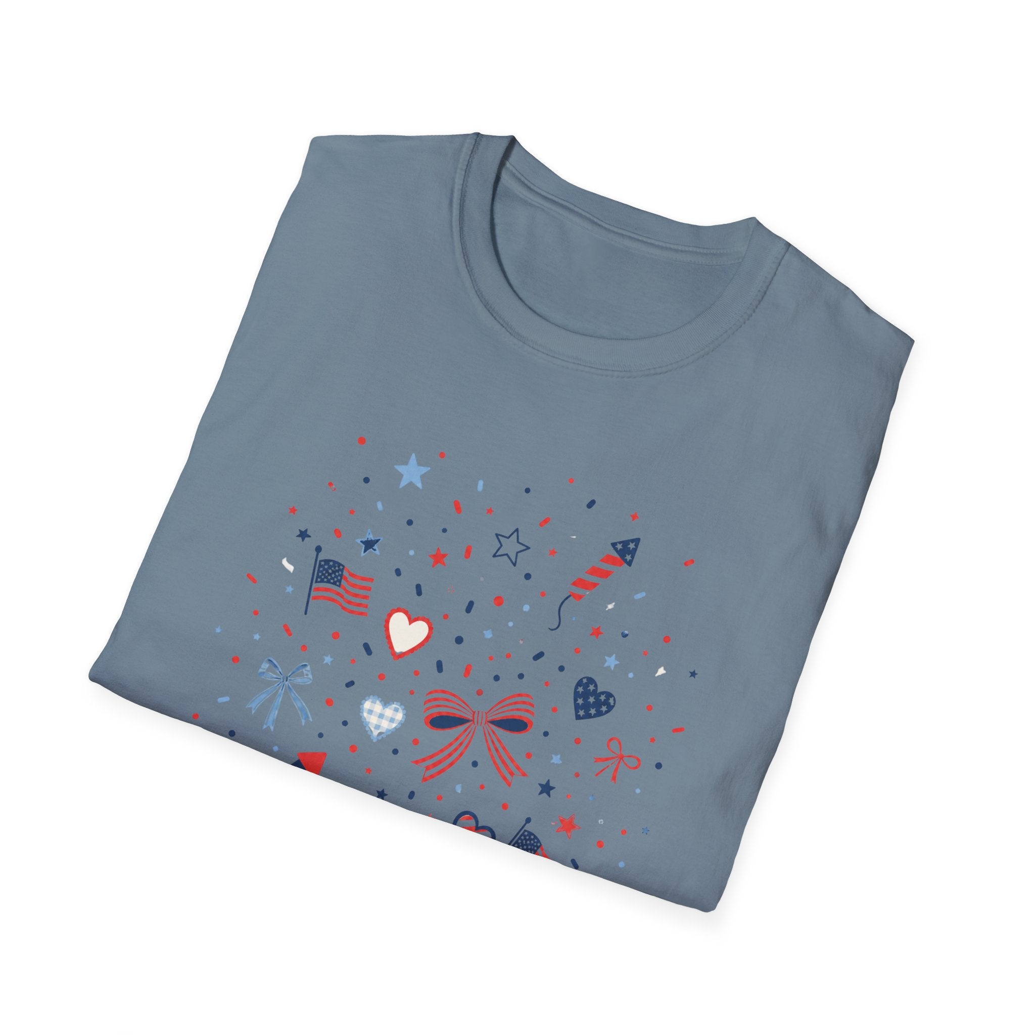 Patriotic Doodle Collage T-Shirt, Cute 4th of July Bow Heart Flag Confetti Tee, Whimsical Festive America Shirt, Coquette Patriotic Icon Scatter Gift
