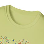Fourth of July Beach Scene T-Shirt, Patriotic Summer Ocean Surfboard Tee, 4th of July Beach Vacation Shirt, Fireworks Umbrella Surfboard America