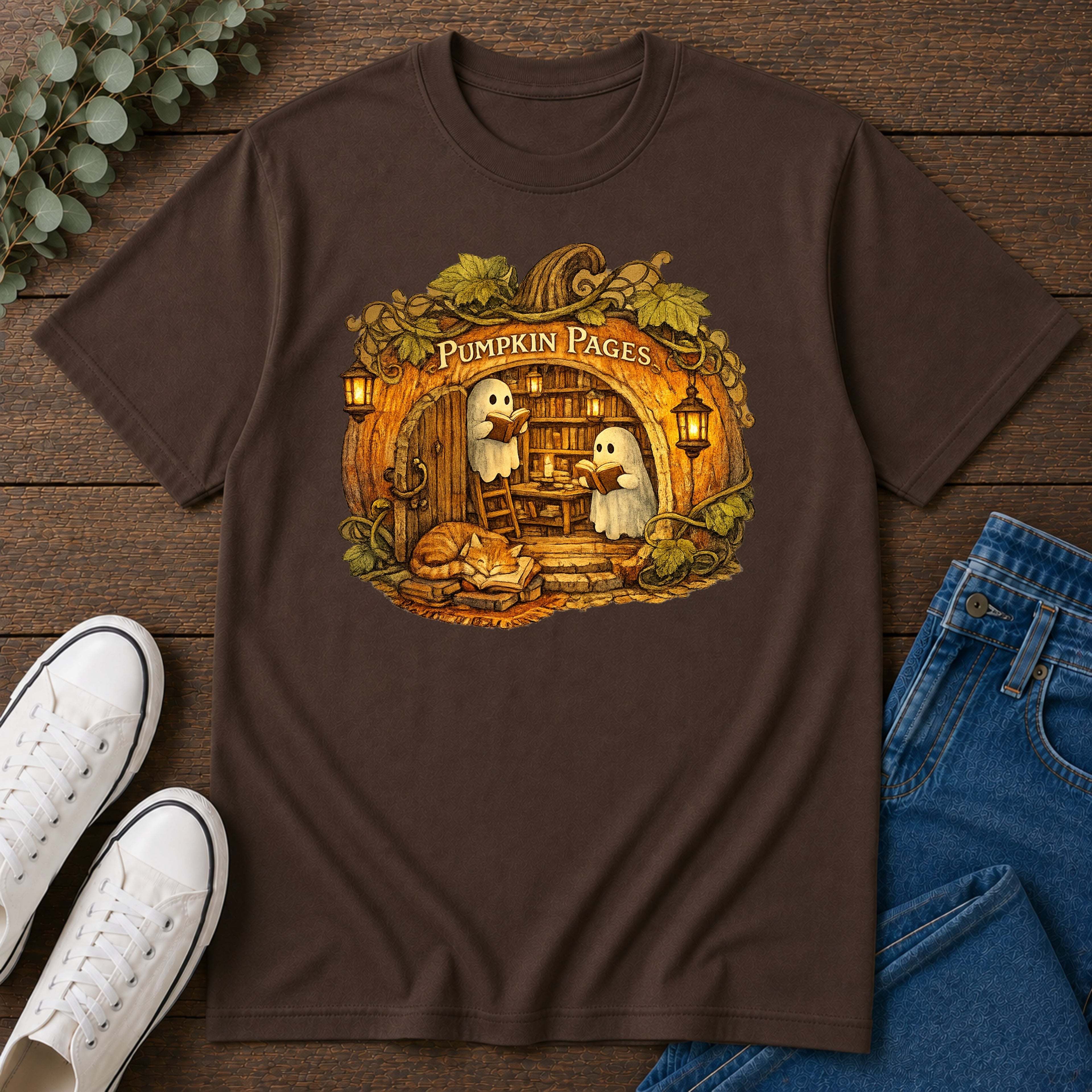 Pumpkin Pages Halloween T‑Shirt — Cute Ghosts Reading in Pumpkin Library