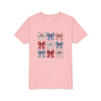 Patriotic Bow Grid Tee, Red Blue Checkered Ribbon Shirt, Cute USA Graphic Top, Fourth of July Celebration Outfit Youth Short Sleeve Tee