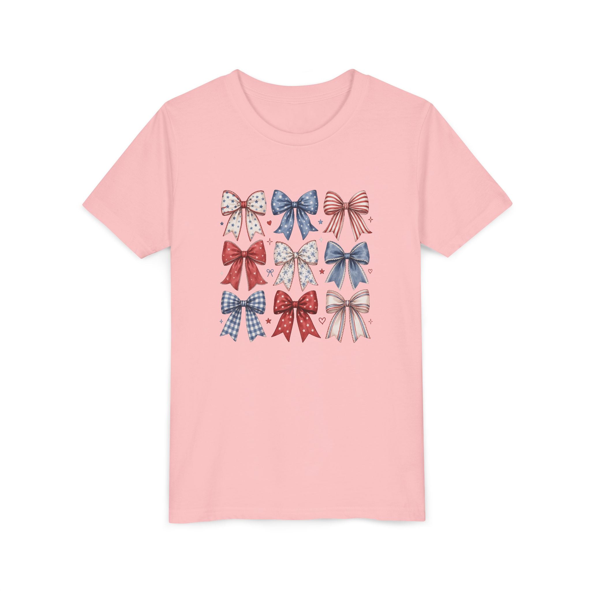 Patriotic Bow Grid Tee, Red Blue Checkered Ribbon Shirt, Cute USA Graphic Top, Fourth of July Celebration Outfit Youth Short Sleeve Tee