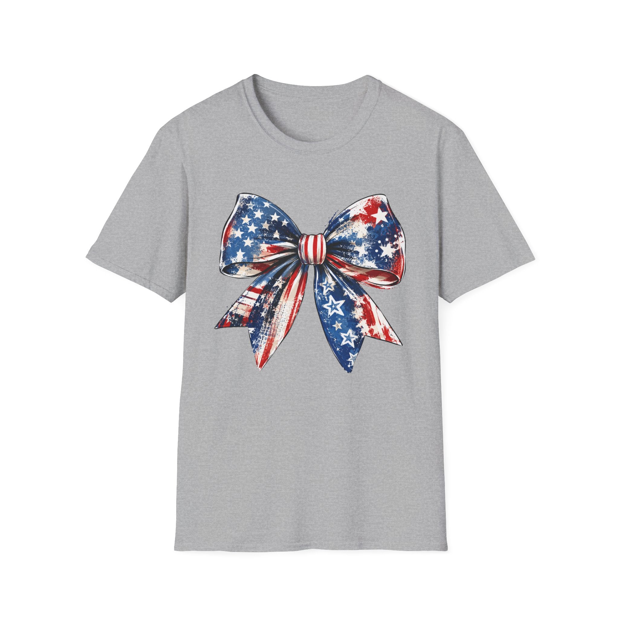 Distressed Watercolor Patriotic Bow T-Shirt, Vintage Grunge American Flag Bow Tee, Worn Texture Coquette 4th of July Shirt, Brushstroke Stars Stripes Bow Gift