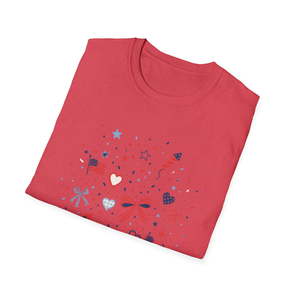 Patriotic Doodle Collage T-Shirt, Cute 4th of July Bow Heart Flag Confetti Tee, Whimsical Festive America Shirt, Coquette Patriotic Icon Scatter Gift
