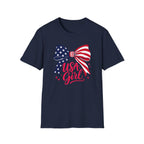 USA Girl T-Shirt, Coquette Flag Bow Pink Script Tee, 4th of July Girl Shirt Women Teens, Stars Stripes Bow Sparkle Patriotic Gift, Cute Pink Script Independence Day Tee