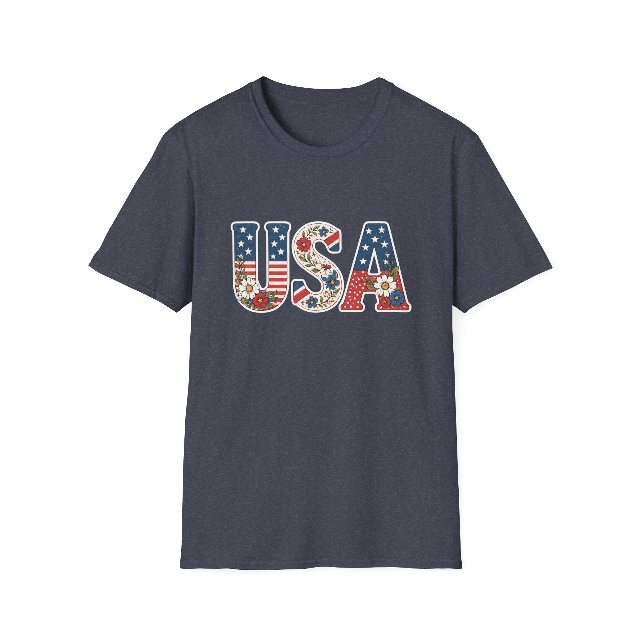 Floral USA T-Shirt, Cottagecore Patriotic Flower Letter Tee, 4th of July Wildflower America Shirt, Stars Stripes Daisy Poppy Gift, Vintage Botanical