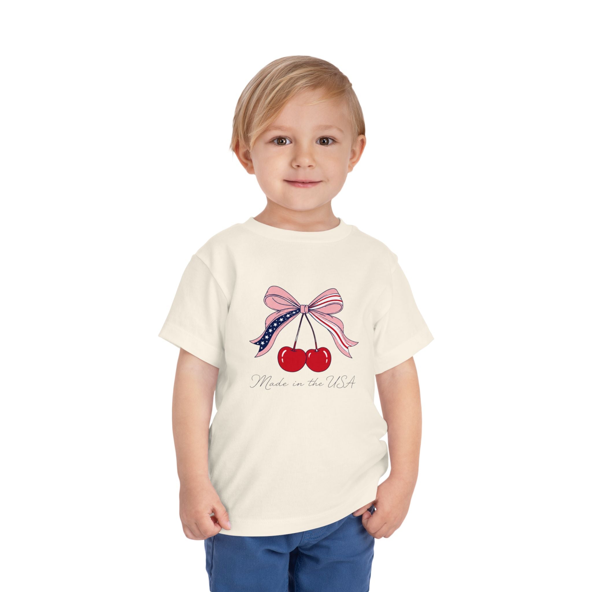 Made in the USA Cherry Tee, Patriotic Red White Blue Shirt, Cute Bow Fruit Graphic Top, Fourth of July Summer Outfit Toddler Short Sleeve Tee