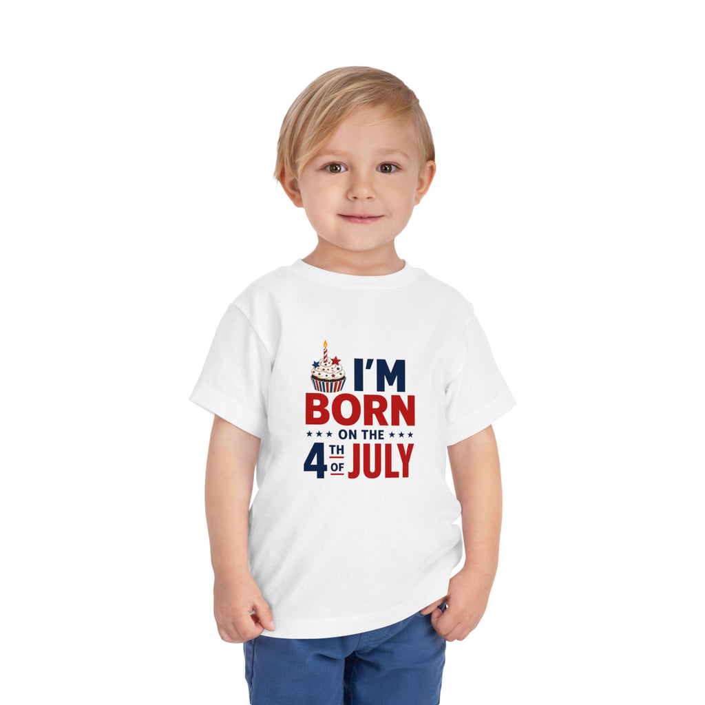 Born on the 4th of July Tee, Patriotic Birthday USA Shirt, Red White Blue Cupcake Graphic Top, Independence Day Celebration Outfit Toddler Short Sleeve Tee