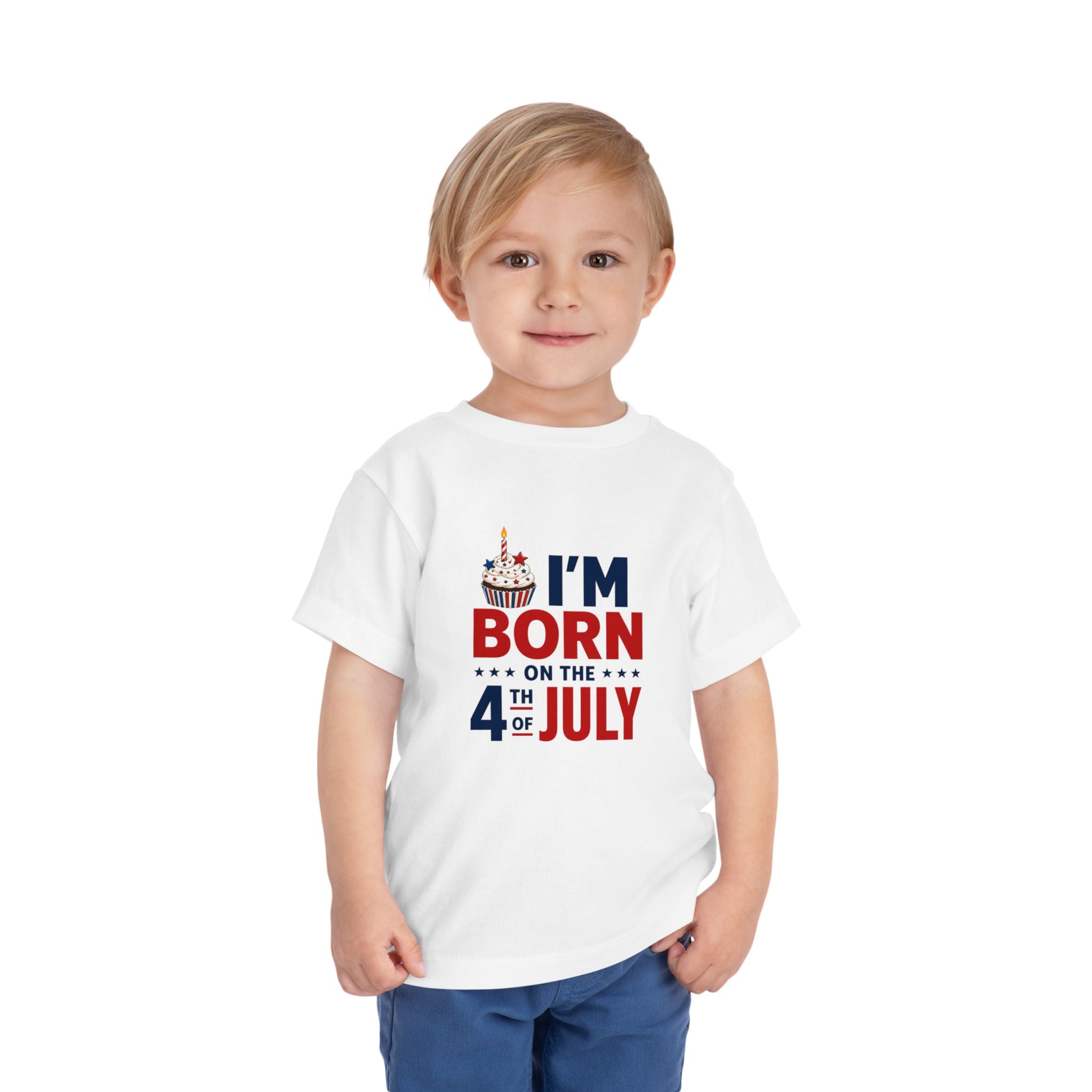 Born on the 4th of July Tee, Patriotic Birthday USA Shirt, Red White Blue Cupcake Graphic Top, Independence Day Celebration Outfit Toddler Short Sleeve Tee