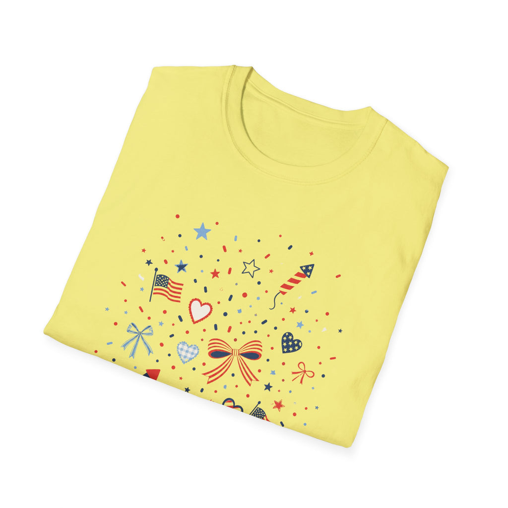 Patriotic Doodle Collage T-Shirt, Cute 4th of July Bow Heart Flag Confetti Tee, Whimsical Festive America Shirt, Coquette Patriotic Icon Scatter Gift