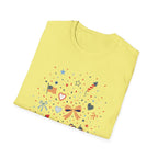 Patriotic Doodle Collage T-Shirt, Cute 4th of July Bow Heart Flag Confetti Tee, Whimsical Festive America Shirt, Coquette Patriotic Icon Scatter Gift