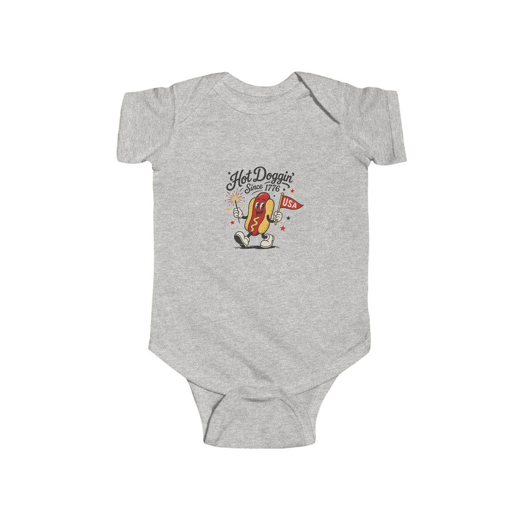 Hot Doggin Since 1985 Baby Onesie, Retro Hot Dog Infant Bodysuit, Funny Cartoon Graphic Outfit, Cute Novelty Baby Wear Infant Fine Jersey Bodysuit