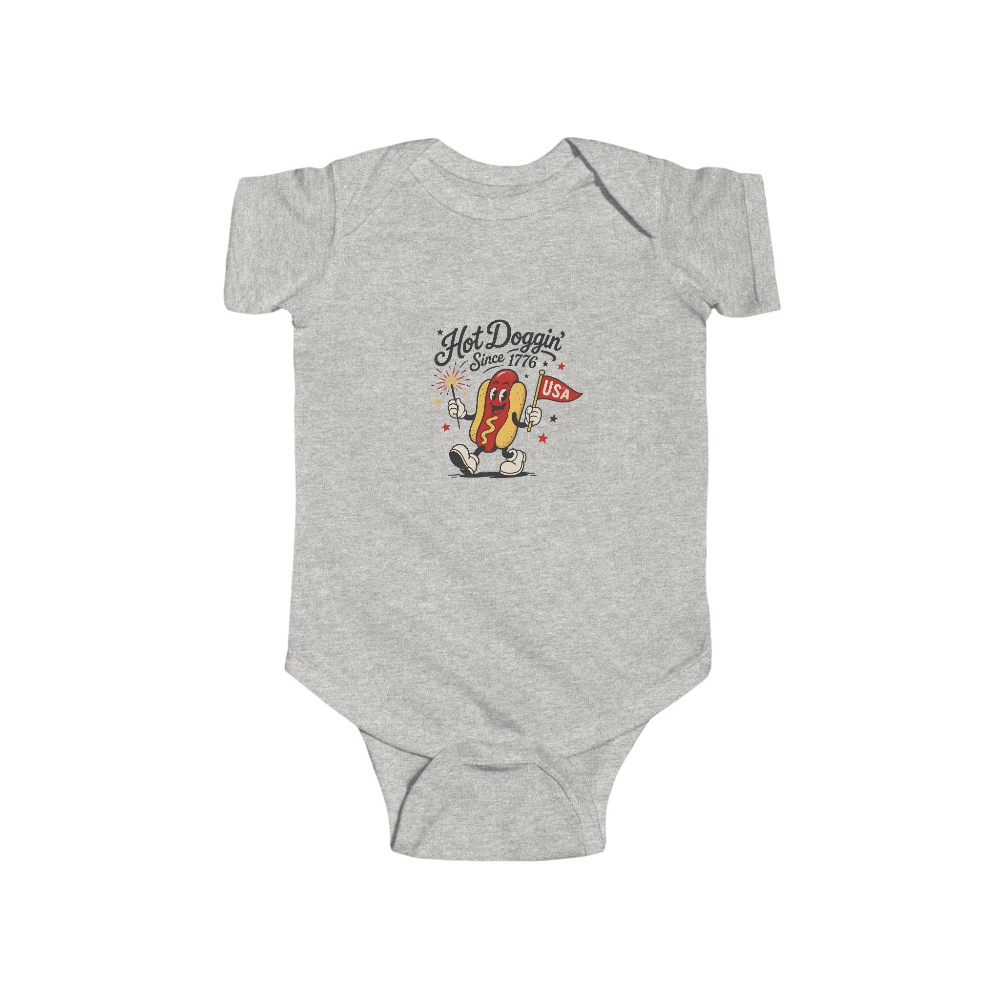 Hot Doggin Since 1985 Baby Onesie, Retro Hot Dog Infant Bodysuit, Funny Cartoon Graphic Outfit, Cute Novelty Baby Wear Infant Fine Jersey Bodysuit