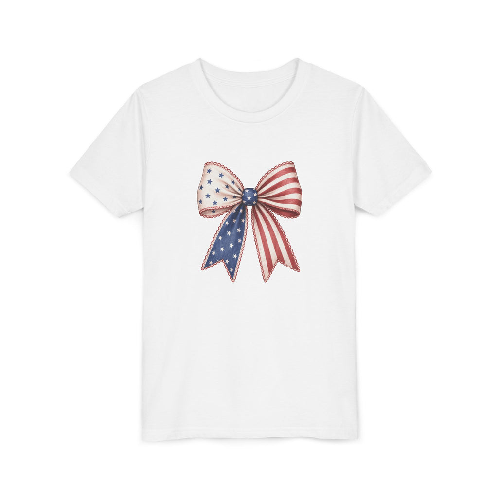 Patriotic Flag Bow Tee, Red White Blue USA Shirt, American Pride Graphic Top, Fourth of July Celebration Outfit Youth Short Sleeve Tee