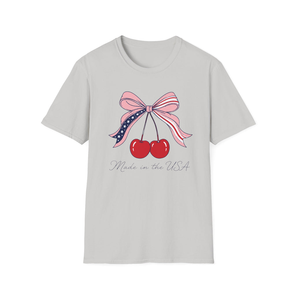 Made in the USA Cherry Tee, Patriotic Red White Blue Shirt, Cute Bow Fruit Graphic Top, Fourth of July Summer Outfit Unisex Softstyle T-Shirt