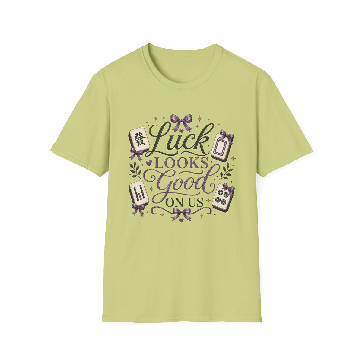 T-Shirt — "Luck Looks Good On Us" Graphic Tee (Mahjong & Charm Design)