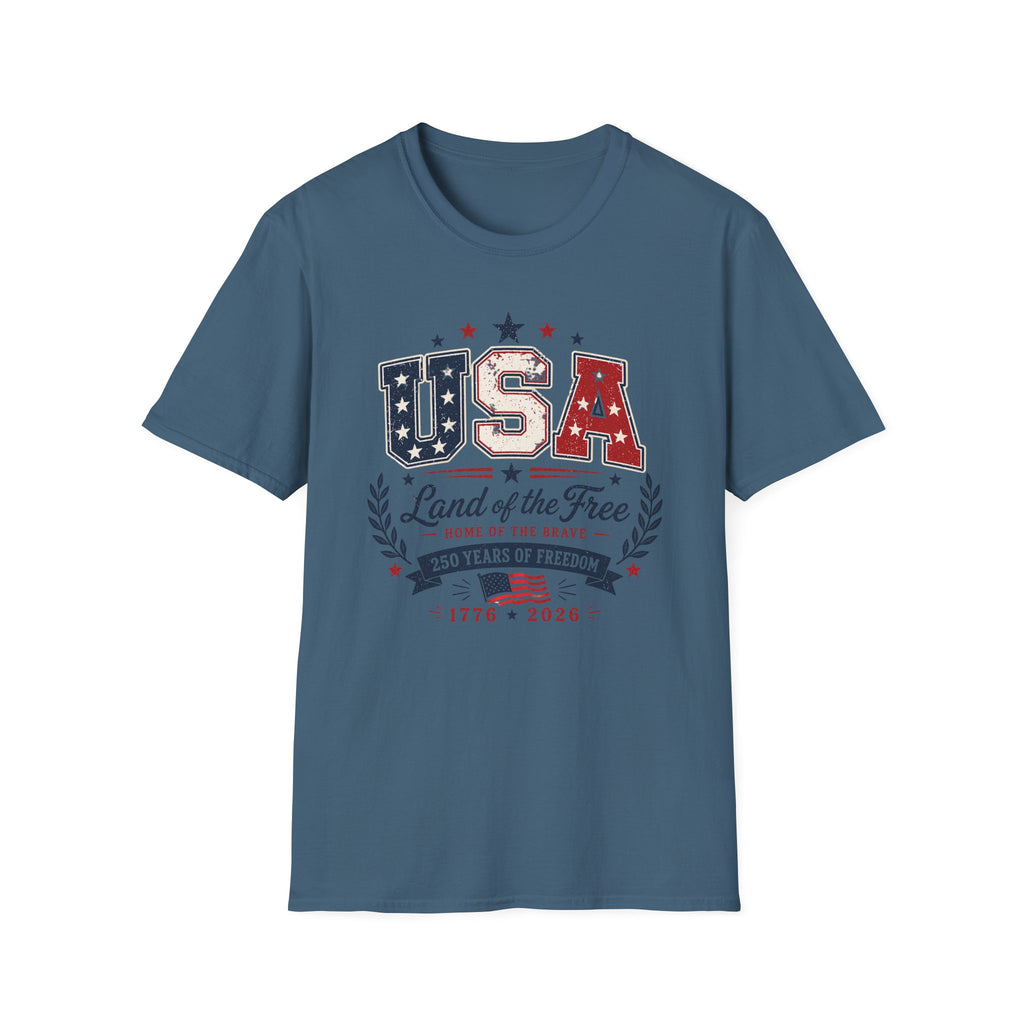 Land of the Free Home of the Brave 250 Years Shirt, 4th of July, Bold, Distressed USA Varsity 1776 2026 Tee, Classic Patriotic Banner America Anniversary T-Shirt, Gift