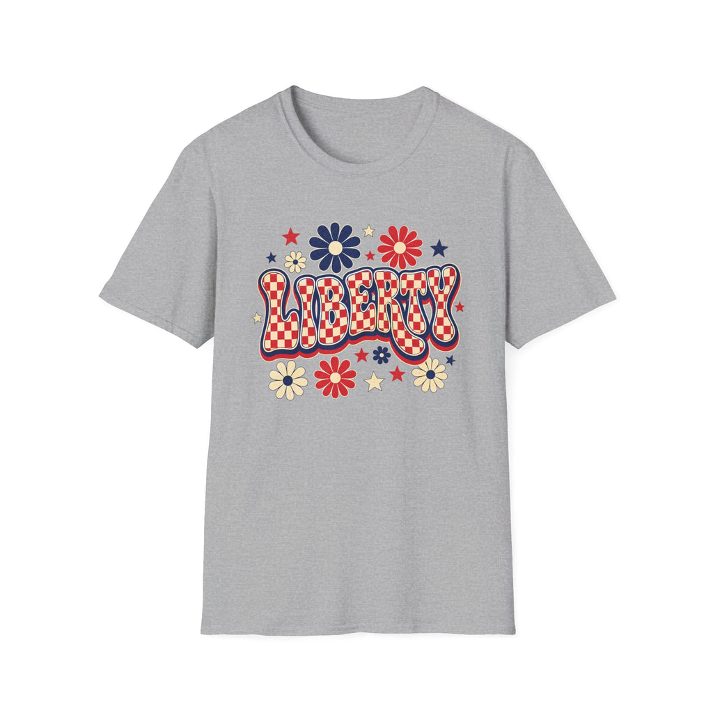 Liberty Retro USA Tee, Vintage Red White Blue Shirt, Patriotic Floral Graphic Top, Fourth of July Celebration Outfit Unisex Softstyle T-Shirt