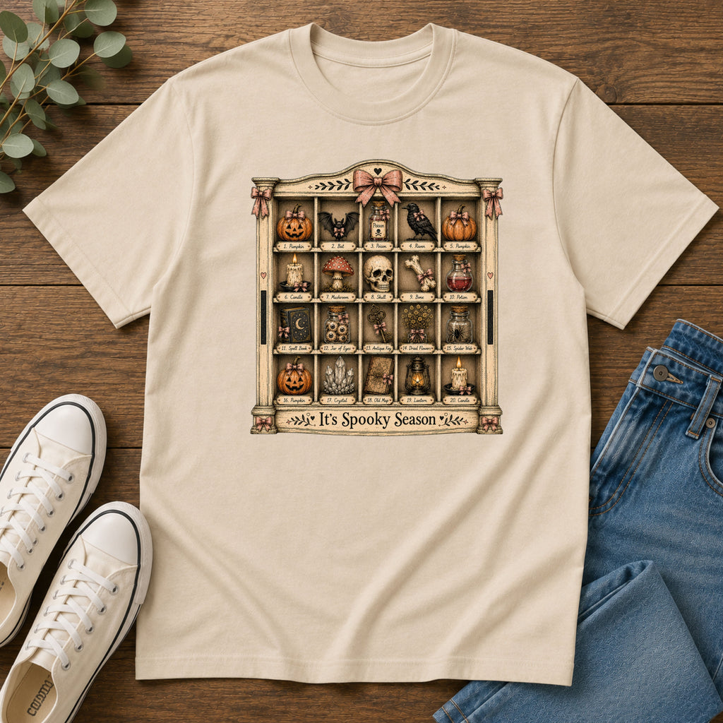 Halloween Curio Cabinet T-Shirt — Vintage Spooky Season Shelf Display