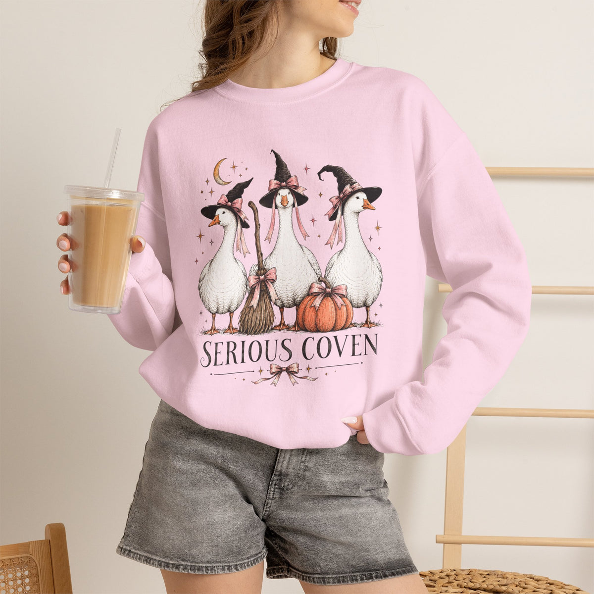 Serious Coven Goose Cute Witch Geese Halloween Crewneck Sweatshirt