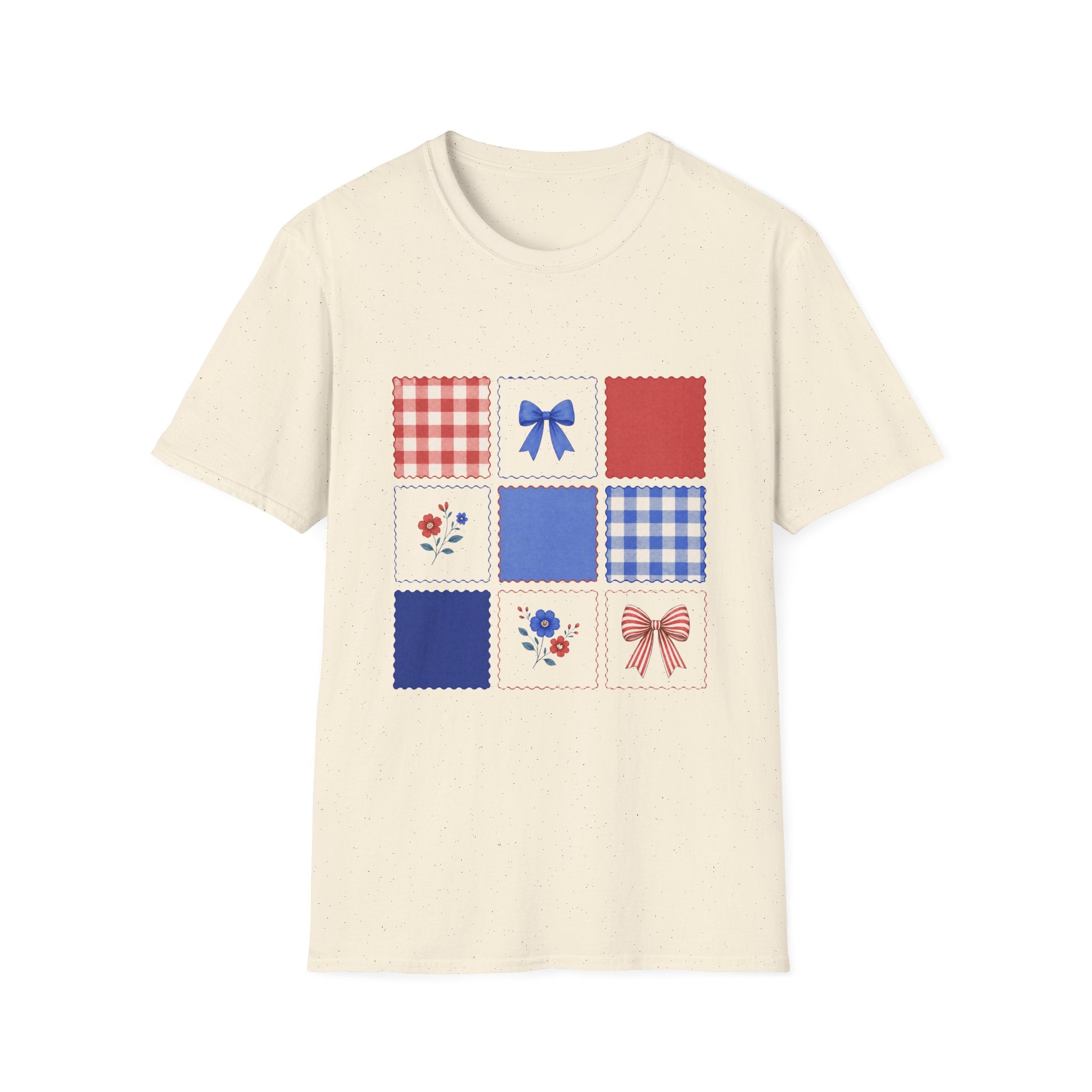 Patriotic Quilt Patch T-Shirt, Coquette Bow Gingham Nine Patch Tee, Cottagecore 4th of July Grid Shirt, Red Blue Floral Folk Quilt Square