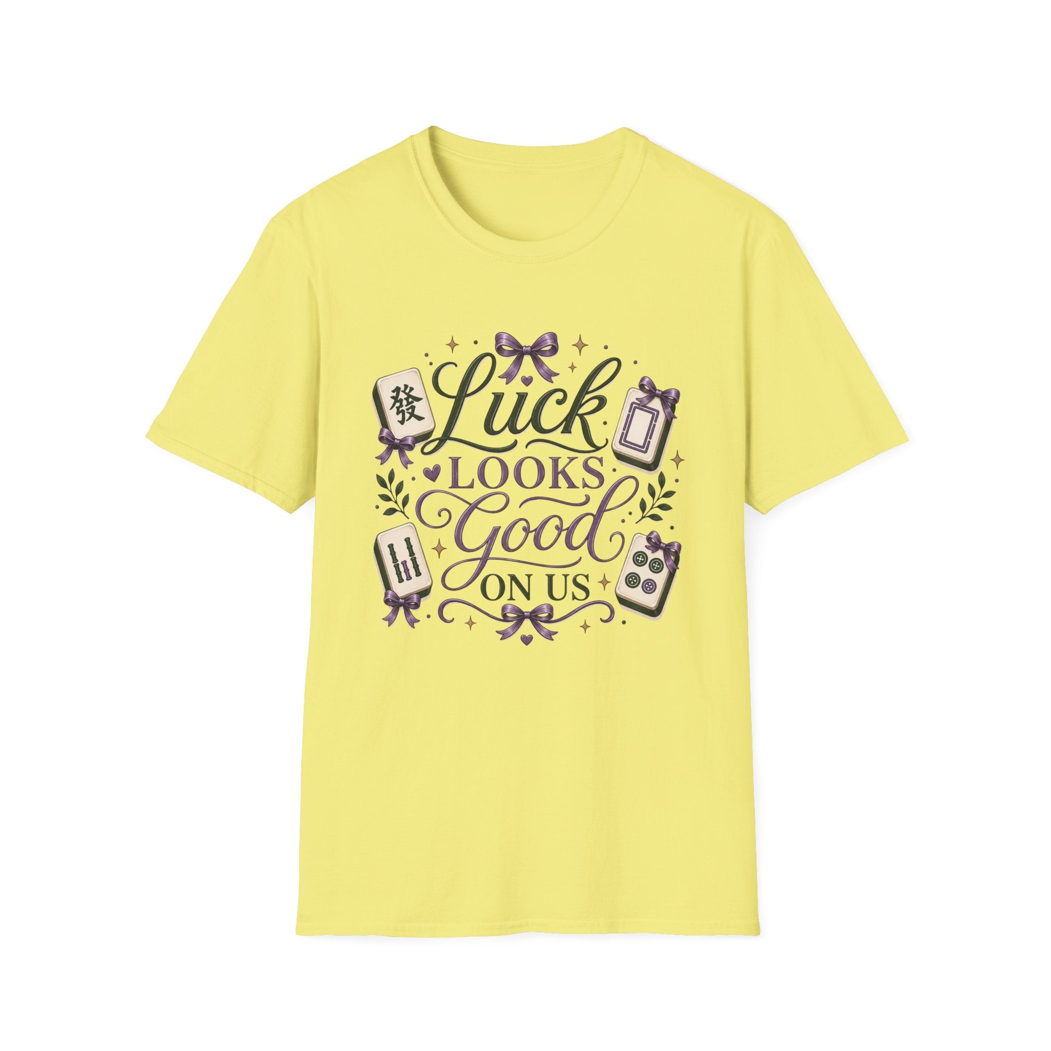 T-Shirt — "Luck Looks Good On Us" Graphic Tee (Mahjong & Charm Design)