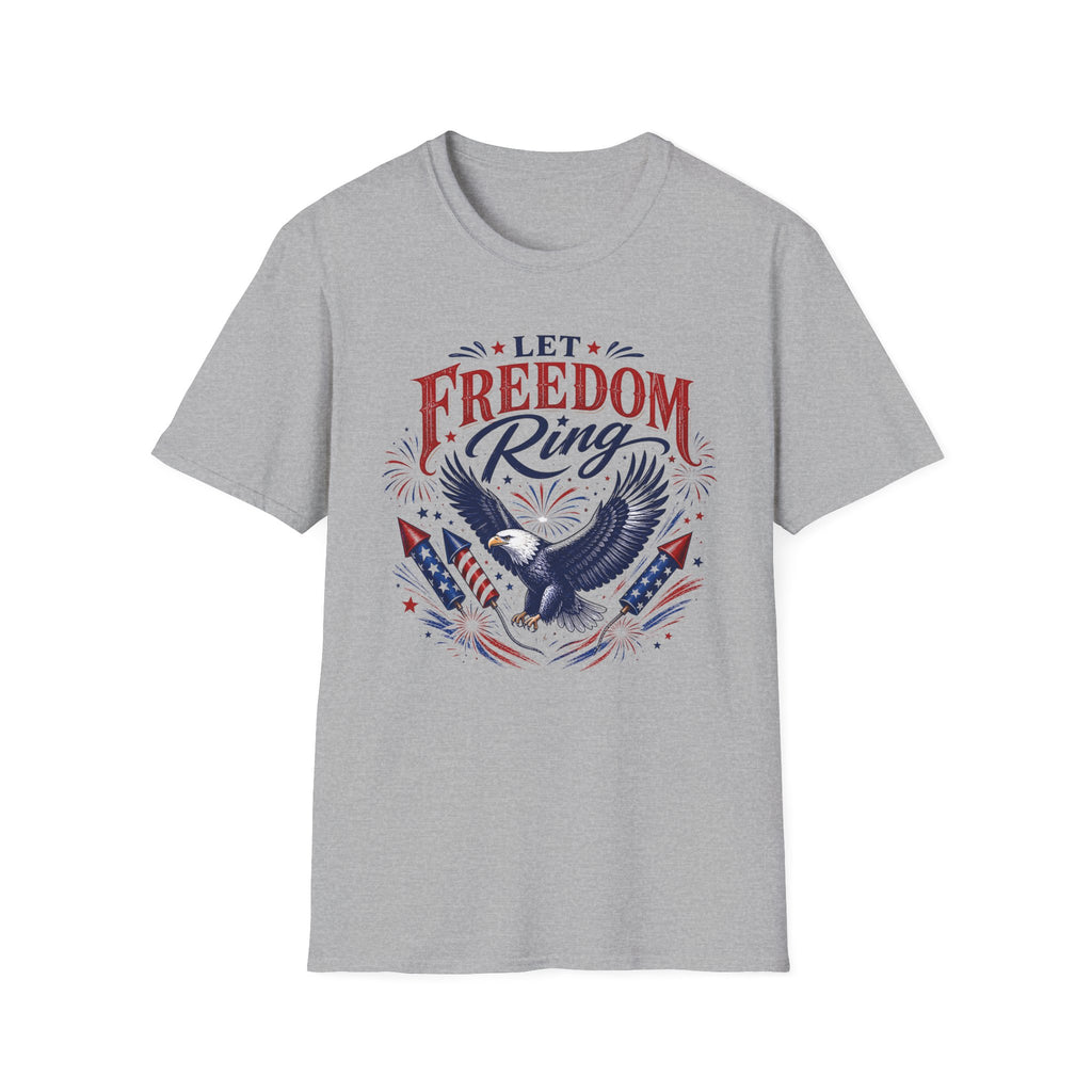 Let Freedom Ring T-Shirt | Patriotic American Bald Eagle Graphic Tee, Fourth Of July Retro Fireworks Top