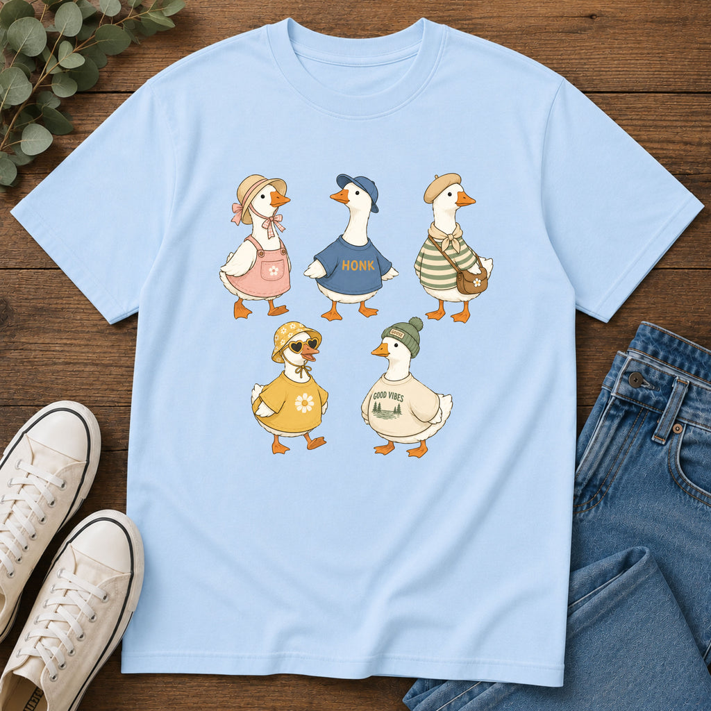 Cute Vintage Farm Ducks Graphic T-Shirt — Whimsical "Honk" Goose Family Tee