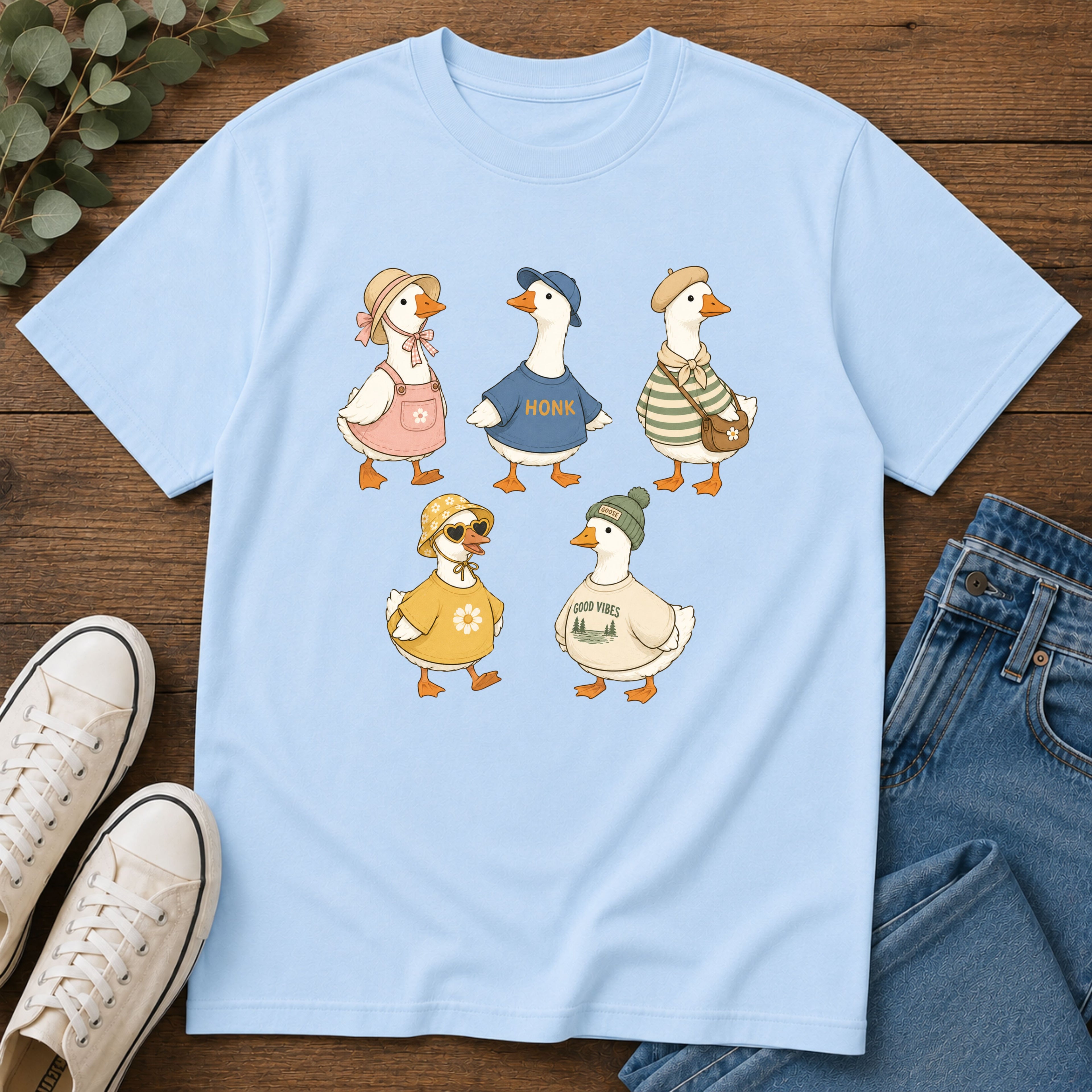 Cute Vintage Farm Ducks Graphic T-Shirt — Whimsical "Honk" Goose Family Tee