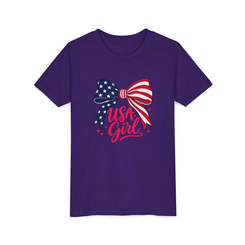 USA Girl Bow Tee, Patriotic Red White Blue Shirt, Cute American Pride Graphic Top, Fourth of July Celebration Outfit Youth Short Sleeve Tee