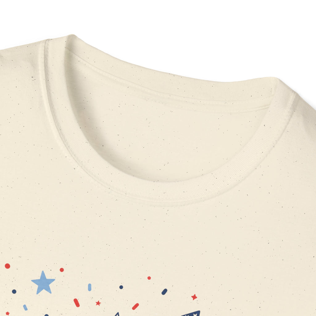 Patriotic Doodle Collage T-Shirt, Cute 4th of July Bow Heart Flag Confetti Tee, Whimsical Festive America Shirt, Coquette Patriotic Icon Scatter Gift