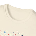 Patriotic Doodle Collage T-Shirt, Cute 4th of July Bow Heart Flag Confetti Tee, Whimsical Festive America Shirt, Coquette Patriotic Icon Scatter Gift