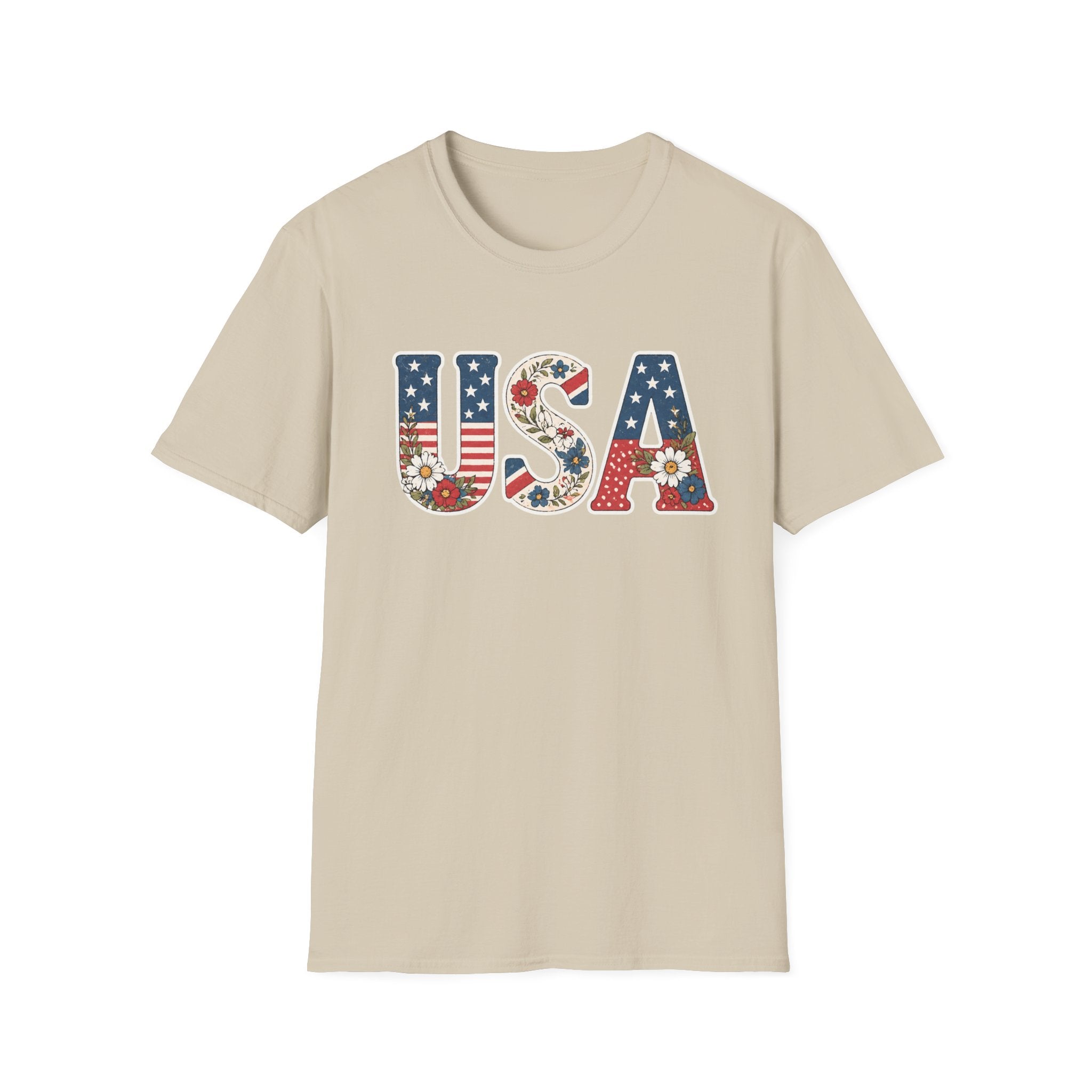 USA Patriotic Floral T-Shirt | American Flag Block Lettering Graphic Tee, Fourth Of July Vintage Cottagecore Top